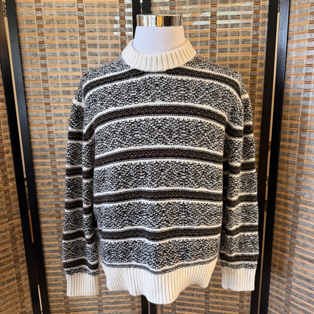 COS Relaxed Wool Sweater Mens XL Cream Black Striped Mock Neck Knit Pullover